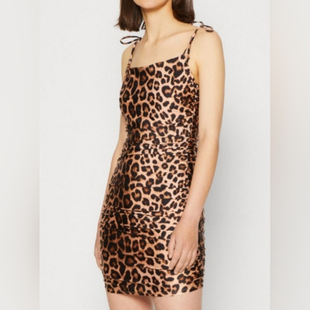 Good American Ruched Slip Mini Dress Bodycon Backless Leopard  1